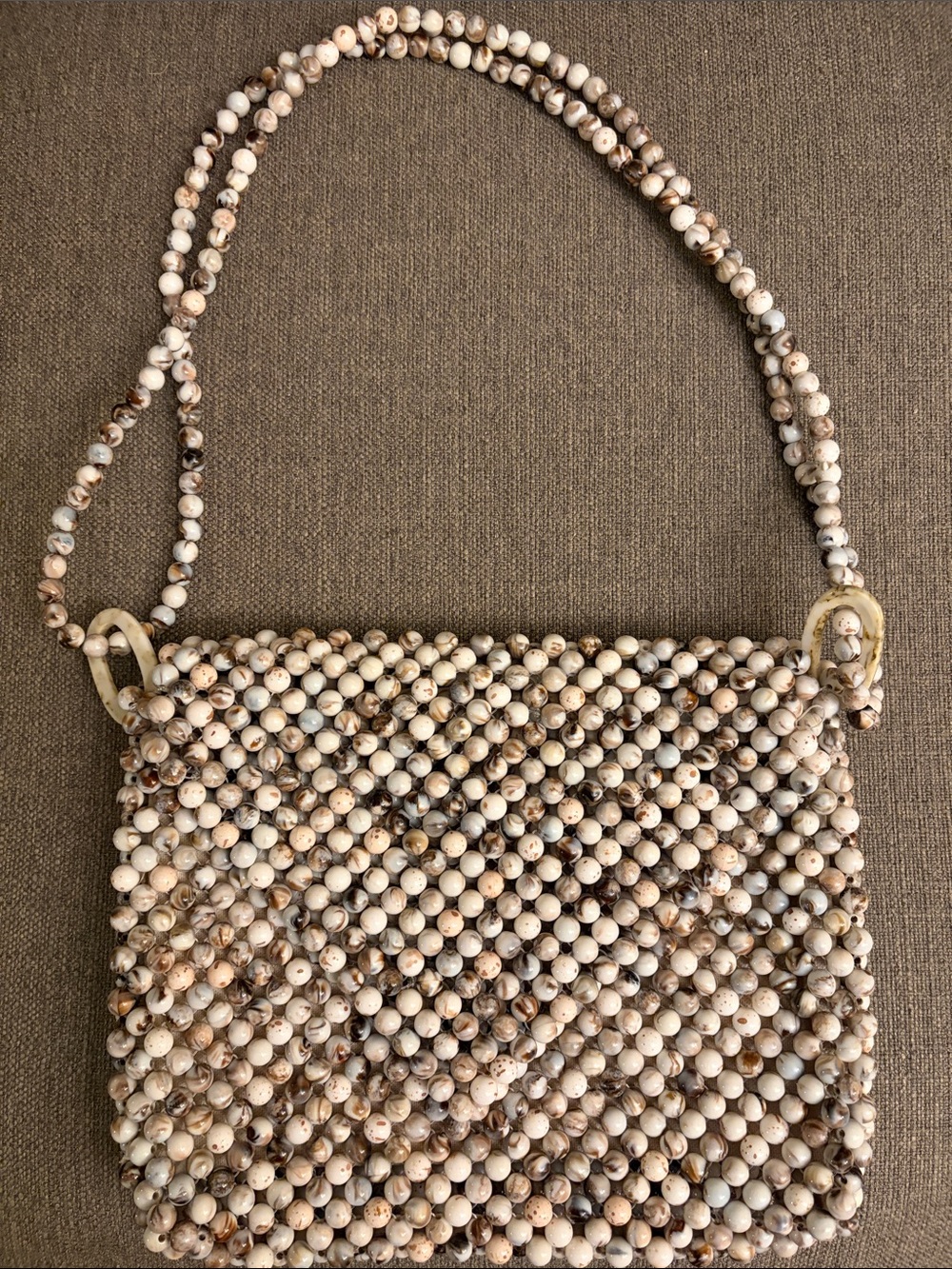Beaded Shoulder Bag in Cream and Brown - Handwoven Style